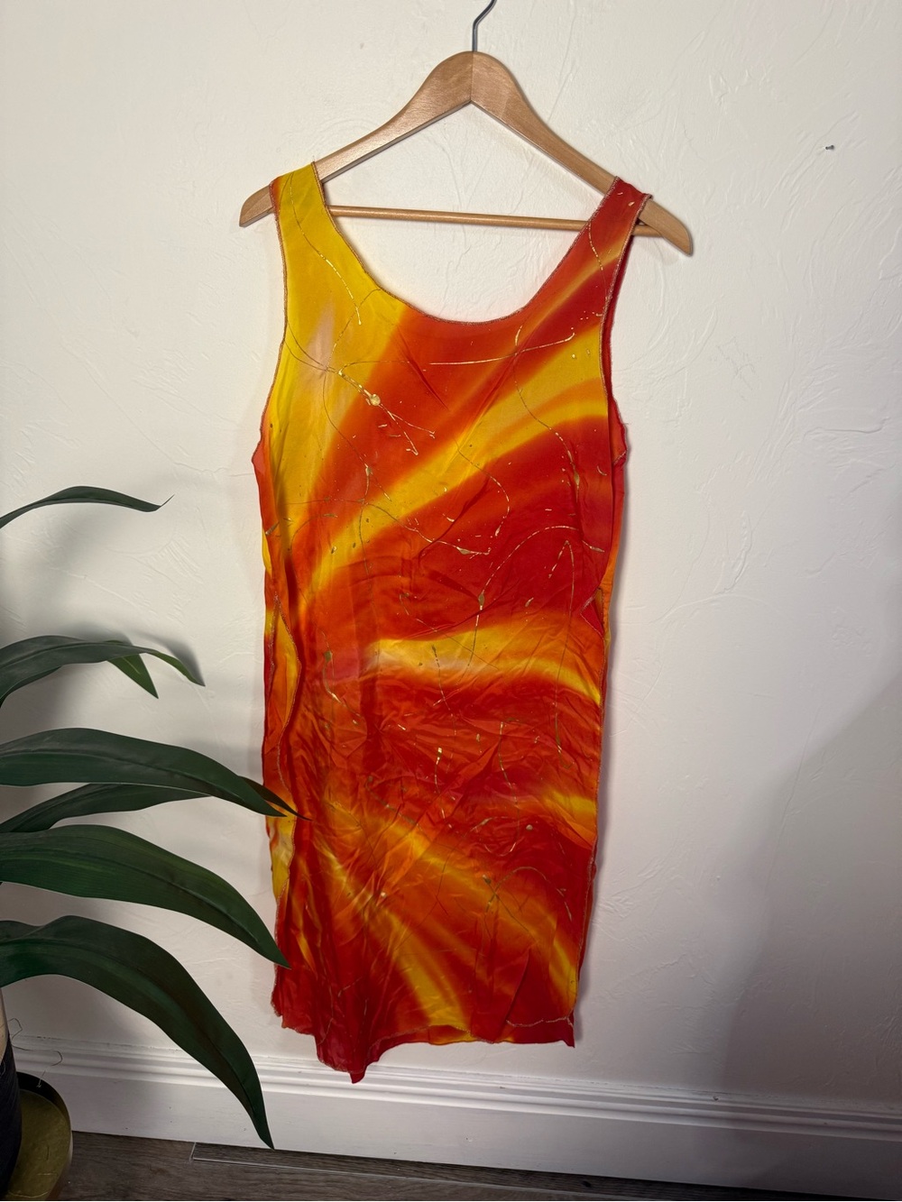 Handmade Red Orange Yellow Tie Dye Dance Costume Overlay Tunic Gold Splatter - Picture 2 of 4